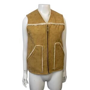 Vintage 1970s Faux Suede Zip Up Vest Jacket Shearling Lined / Women’s XS